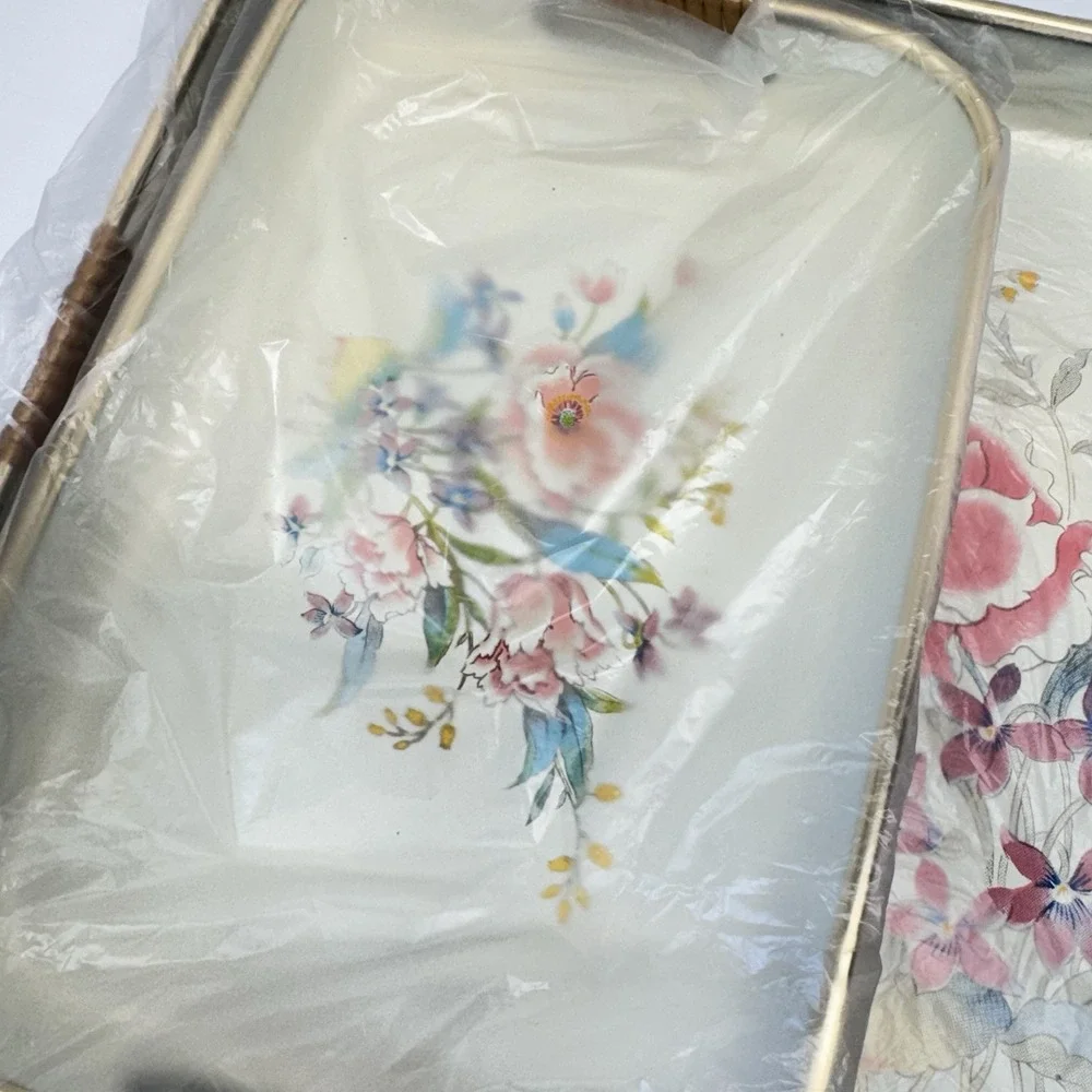 Vintage Lacquerware 3 Piece Tray Set Rose NOS Sealed In Box Jay Imports Japan